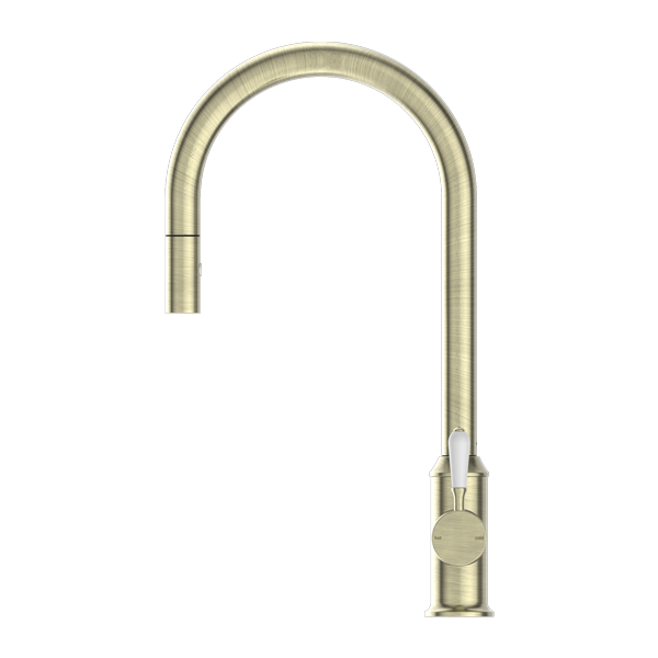 Nero York Pull Out Sink Mixer With Vegie Spray Function With White Porcelain Lever Aged Brass - Sydney Home Centre