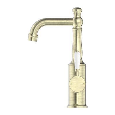 Nero York Basin Mixer With White Porcelain Lever Aged Brass - Sydney Home Centre