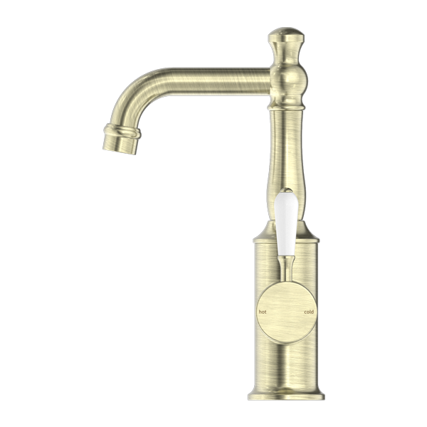 Nero York Basin Mixer With White Porcelain Lever Aged Brass