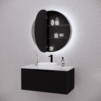 Riva Paris 800mm Matte Black Round LED Shaving Cabinet - Sydney Home Centre