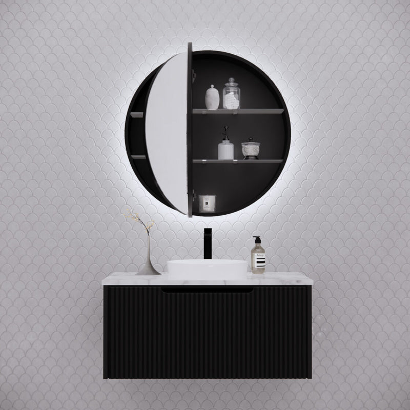 Riva Paris 800mm Matte Black Round LED Shaving Cabinet - Sydney Home Centre