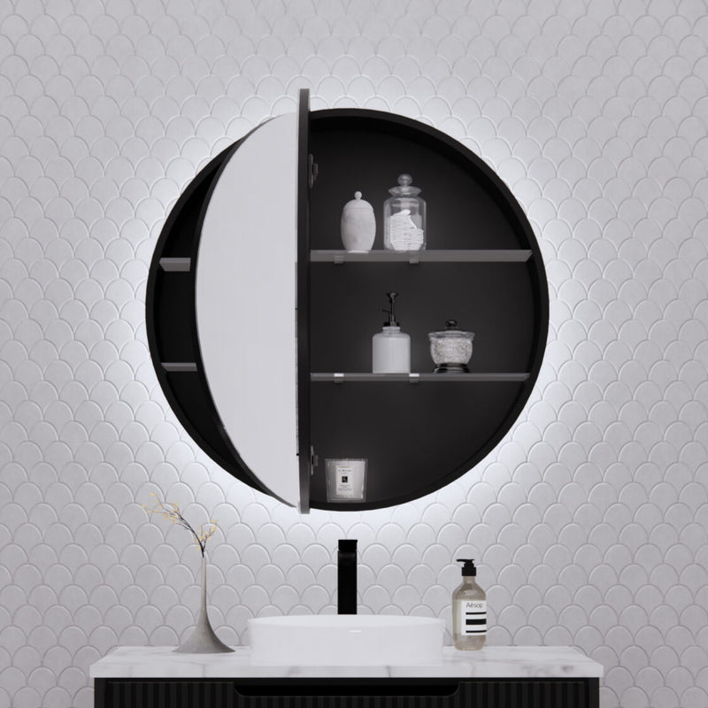 Riva Paris 800mm Matte Black Round LED Shaving Cabinet - Sydney Home Centre