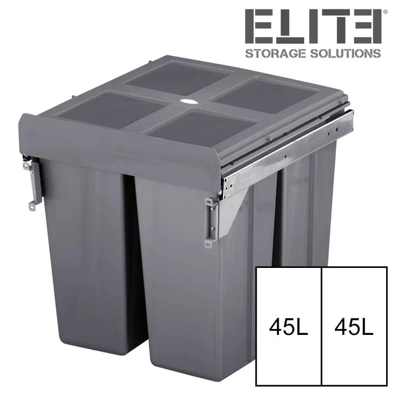 Elite Valet Side Mounted 90L Twin Slide Out Concealed Waste Bin For A 600mm Cabinet Includes Integrated Door Bracket Grey
