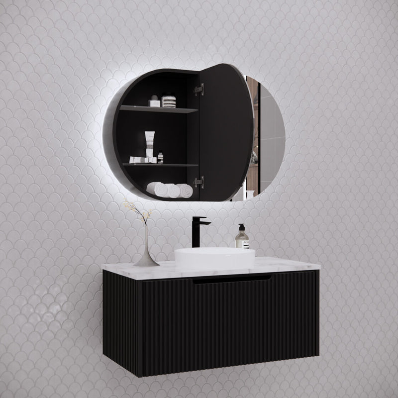 Riva Paris 870mm x 600mm Matte Black Oval LED Shaving Cabinet - Sydney Home Centre