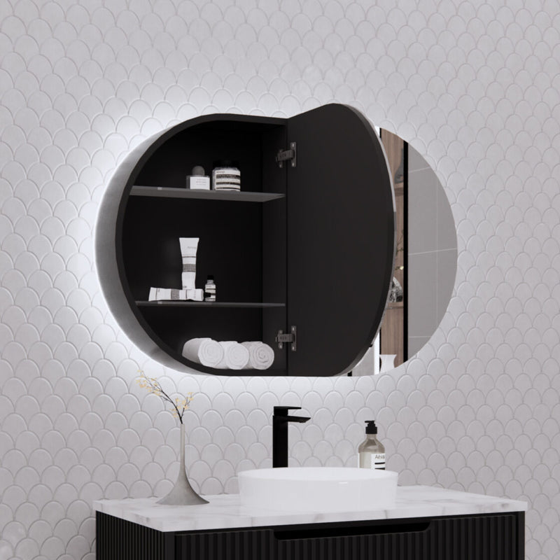 Riva Paris 870mm x 600mm Matte Black Oval LED Shaving Cabinet - Sydney Home Centre