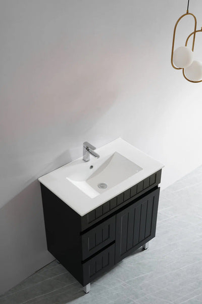 Ceto Acacia 900mm Left Hand Drawer Freestanding Vanity Matte Black (Ceramic Top) - Sydney Home Centre