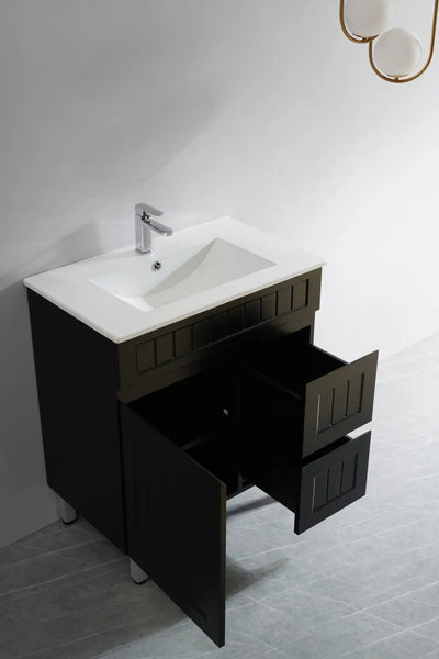 Ceto Acacia 750mm Right Hand Drawer Freestanding Vanity Matte Black (Marble Stone Top) - Sydney Home Centre