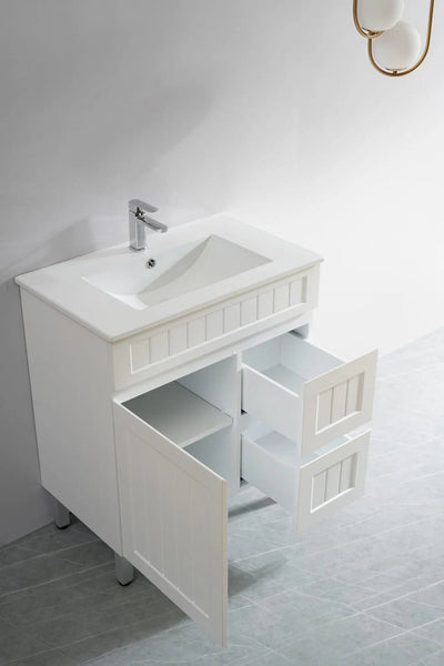 Ceto Acacia 750mm Right Hand Drawer Freestanding Vanity Matte White (Quartz Stone Top) - Sydney Home Centre