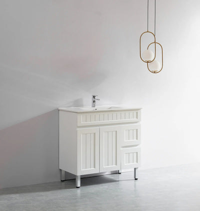 Ceto Acacia 900mm Right Hand Drawer Freestanding Vanity Matte White (Marble Stone Top) - Sydney Home Centre