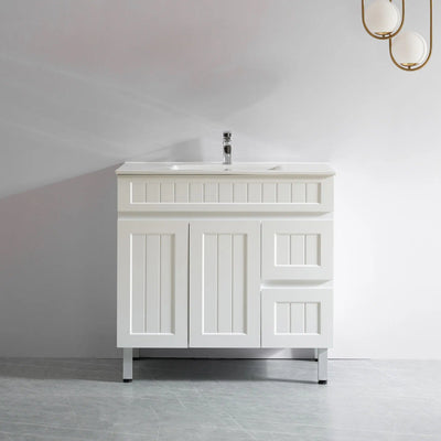 Ceto Acacia 900mm Right Hand Drawer Freestanding Vanity Matte White (Marble Stone Top) - Sydney Home Centre