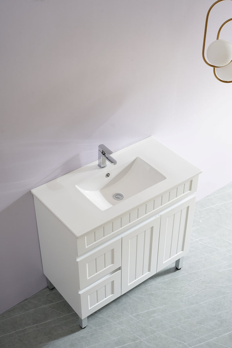 Ceto Acacia 900mm Left Hand Drawer Freestanding Vanity Matte White (Marble Stone Top) - Sydney Home Centre