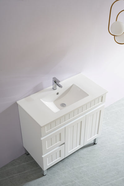 Ceto Acacia 900mm Left Hand Drawer Freestanding Vanity Matte White (Quartz Stone Top) - Sydney Home Centre