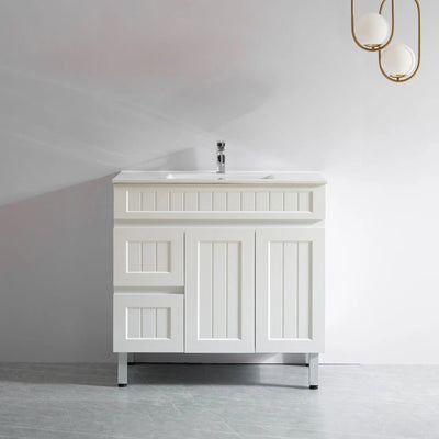 Ceto Acacia 900mm Left Hand Drawer Freestanding Vanity Matte White (Quartz Stone Top) - Sydney Home Centre