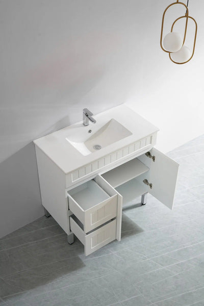 Ceto Acacia 900mm Left Hand Drawer Freestanding Vanity Matte White (Quartz Stone Top) - Sydney Home Centre