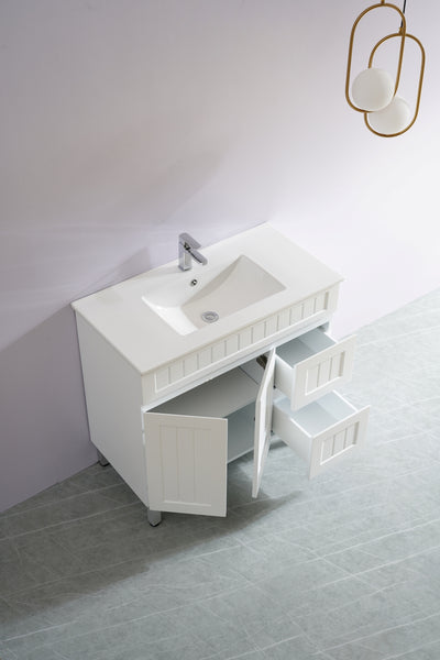 Ceto Acacia 900mm Right Hand Drawer Freestanding Vanity Matte White (Ceramic Top) - Sydney Home Centre