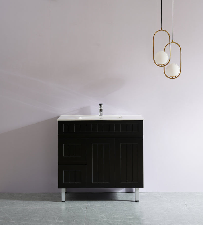 Ceto Acacia 900mm Left Hand Drawer Freestanding Vanity Matte Black (Quartz Stone Top) - Sydney Home Centre