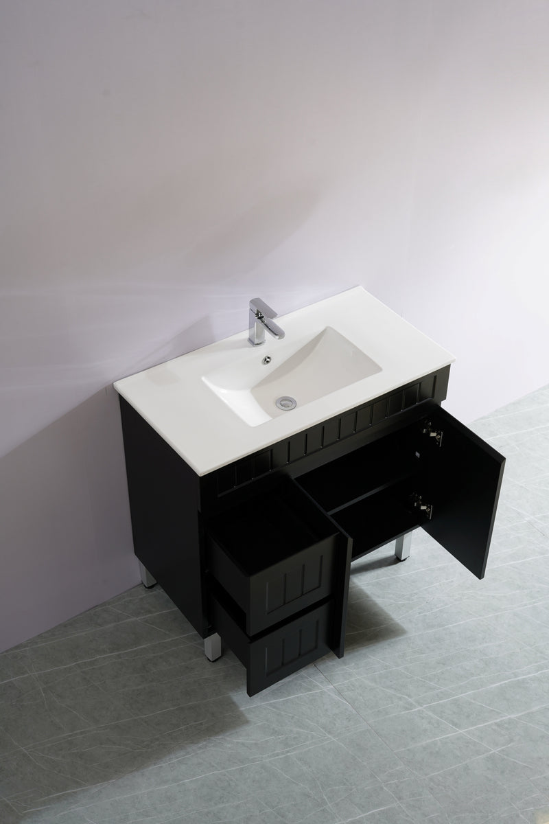 Ceto Acacia 900mm Left Hand Drawer Freestanding Vanity Matte Black (Quartz Stone Top) - Sydney Home Centre