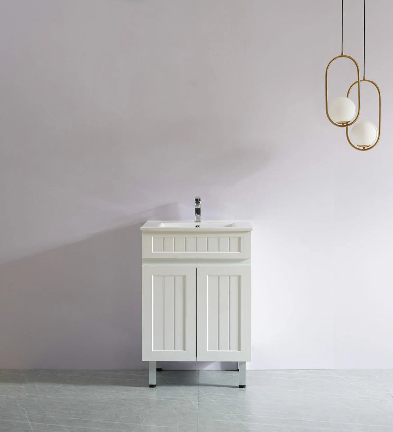 Ceto Acacia 600mm Freestanding Vanity Matte White (Marble Stone Top) - Sydney Home Centre