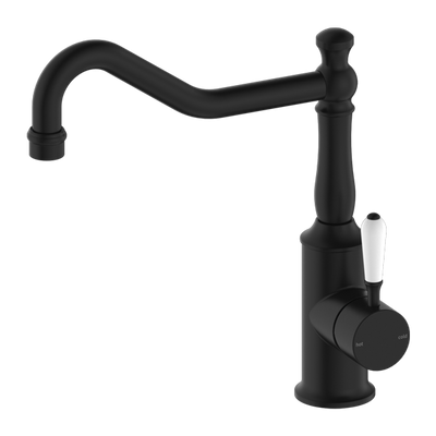 Nero York Kitchen Mixer Hook Spout With White Porcelain Lever Matte Black - Sydney Home Centre