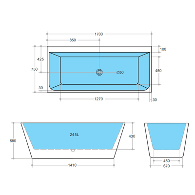 Poseidon Avis Back To Wall 1700mm Bathtub Non Overflow - Sydney Home Centre