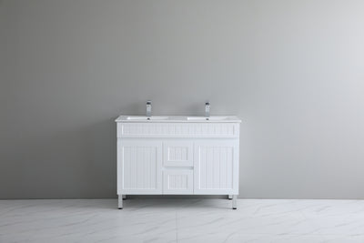 Ceto Acacia 1200mm Middle Drawer Double Bowl Freestanding Vanity Matte White (Quartz Stone Top) - Sydney Home Centre