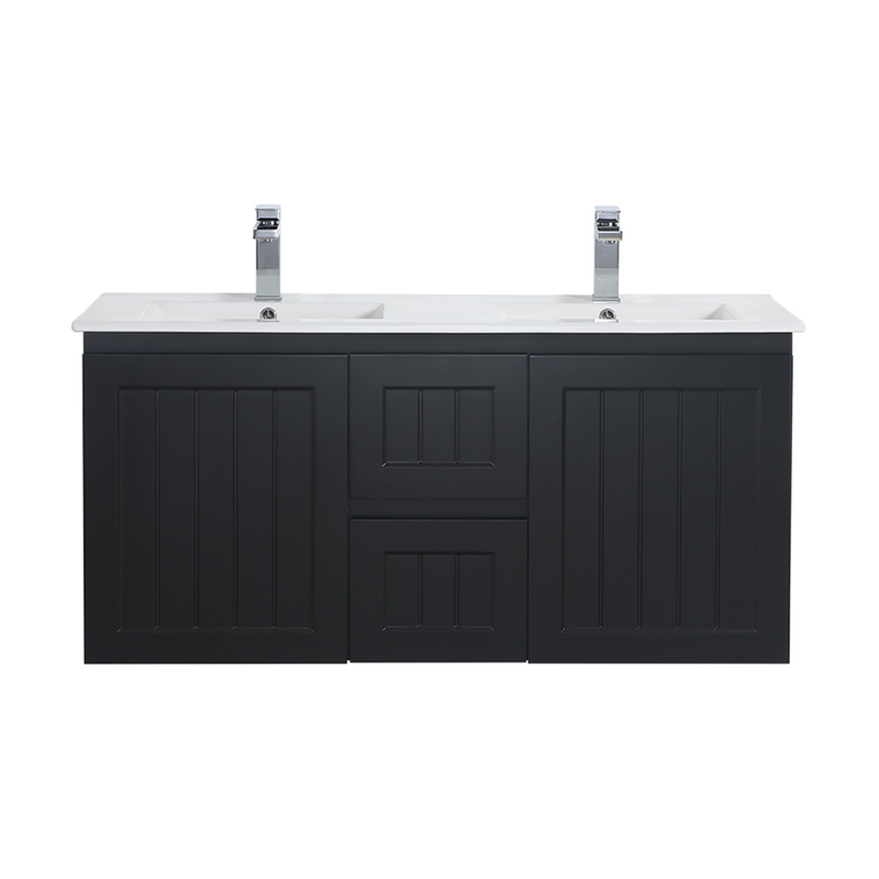 Ceto Acacia 1200mm Middle Drawer Double Bowl Wall Hung Vanity Matte Black (Ceramic Top) - Sydney Home Centre