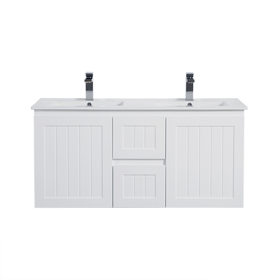 Ceto Acacia 1200mm Middle Drawer Double Bowl Wall Hung Vanity Matte White (Marble Stone Top) - Sydney Home Centre