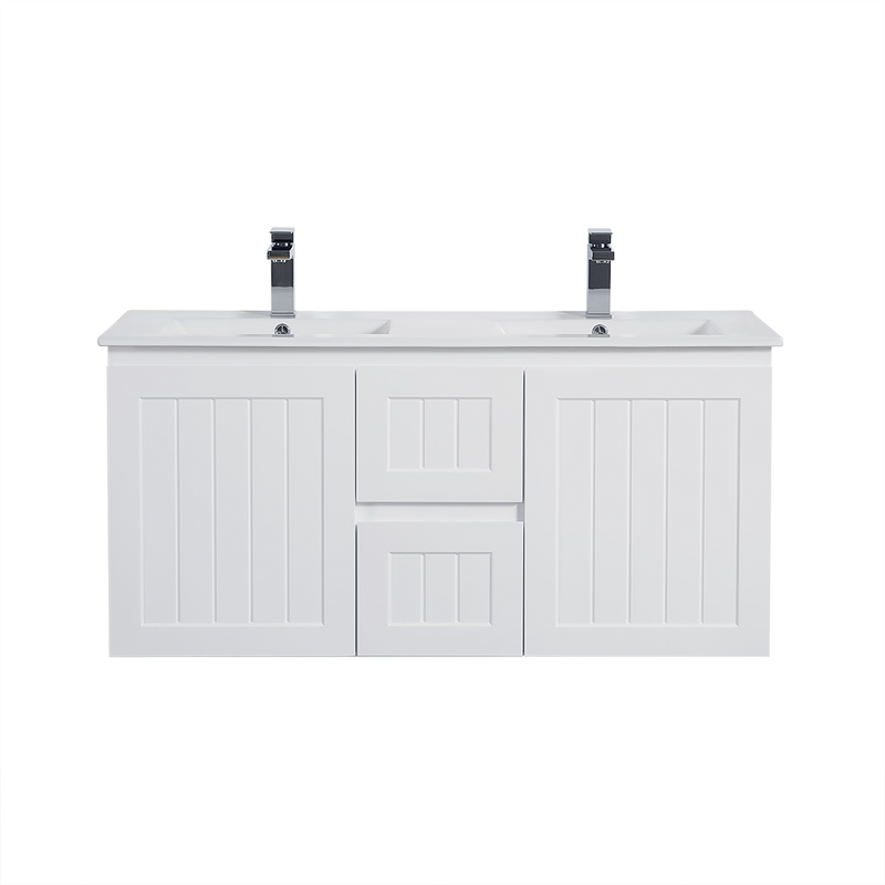 Ceto Acacia 1200mm Middle Drawer Double Bowl Wall Hung Vanity Matte White (Ceramic Top) - Sydney Home Centre