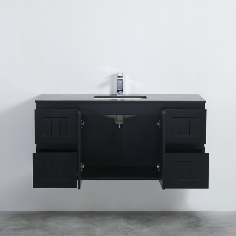 Ceto Acacia 1200mm Both Side Drawer Single Bowl Wall Hung Vanity Matte Black (Marble Stone Top) - Sydney Home Centre