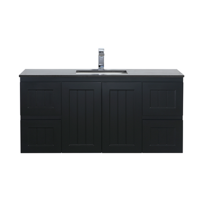 Ceto Acacia 1200mm Both Side Drawer Single Bowl Wall Hung Vanity Matte Black (Quartz Stone Top) - Sydney Home Centre