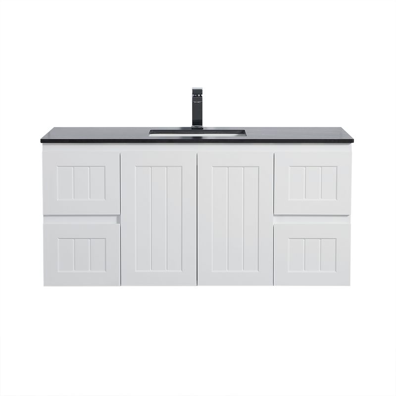 Ceto Acacia 1200mm Both Side Drawer Single Bowl Wall Hung Vanity Matte White (Quartz Stone Top) - Sydney Home Centre