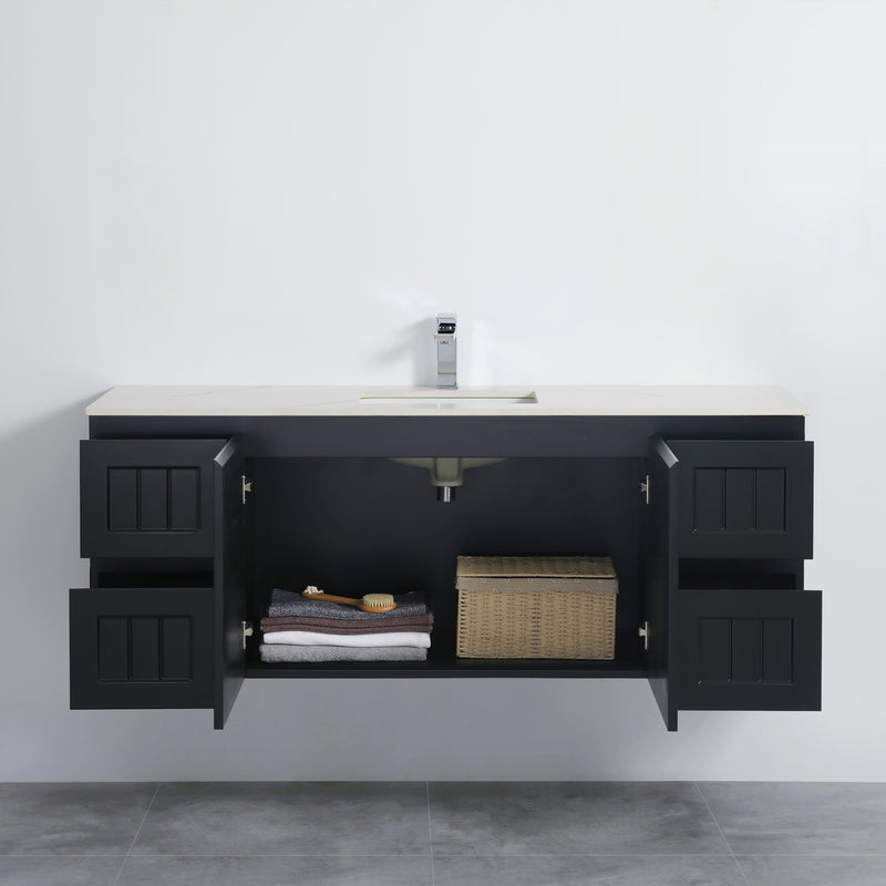 Ceto Acacia 1500mm Both Side Drawer Single Bowl Wall Hung Vanity Matte Black (Ceramic Top) - Sydney Home Centre