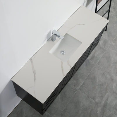 Ceto Acacia 1500mm Both Side Drawer Single Bowl Wall Hung Vanity Matte Black (Quartz Stone Top) - Sydney Home Centre