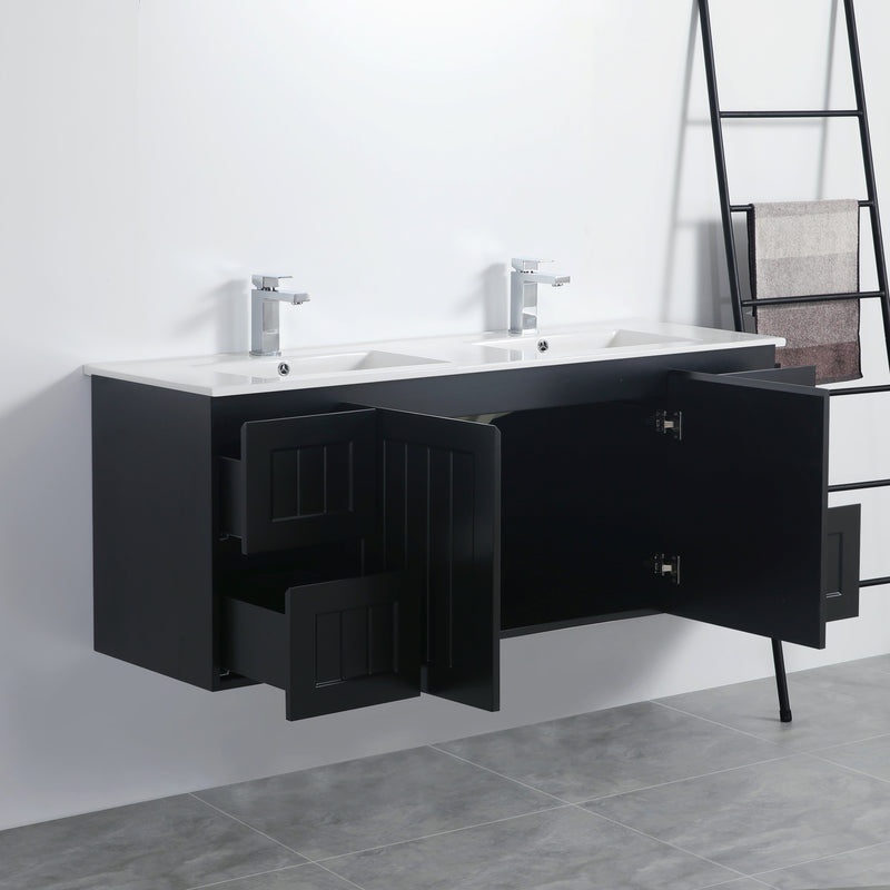 Ceto Acacia 1500mm Both Side Drawer Single Bowl Wall Hung Vanity Matte Black (Quartz Stone Top) - Sydney Home Centre