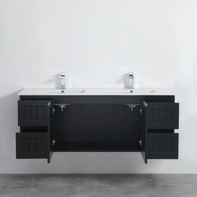 Ceto Acacia 1500mm Both Side Drawer Double Bowl Wall Hung Vanity Matte Black (Ceramic Top) - Sydney Home Centre