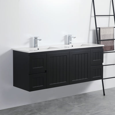 Ceto Acacia 1500mm Both Side Drawer Double Bowl Wall Hung Vanity Matte Black (Marble Stone Top) - Sydney Home Centre