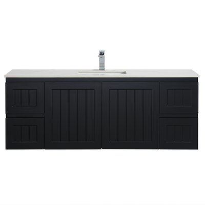 Ceto Acacia 1500mm Both Side Drawer Single Bowl Wall Hung Vanity Matte Black (Quartz Stone Top) - Sydney Home Centre