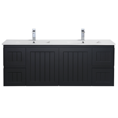 Ceto Acacia 1500mm Both Side Drawer Double Bowl Wall Hung Vanity Matte Black (Marble Stone Top) - Sydney Home Centre