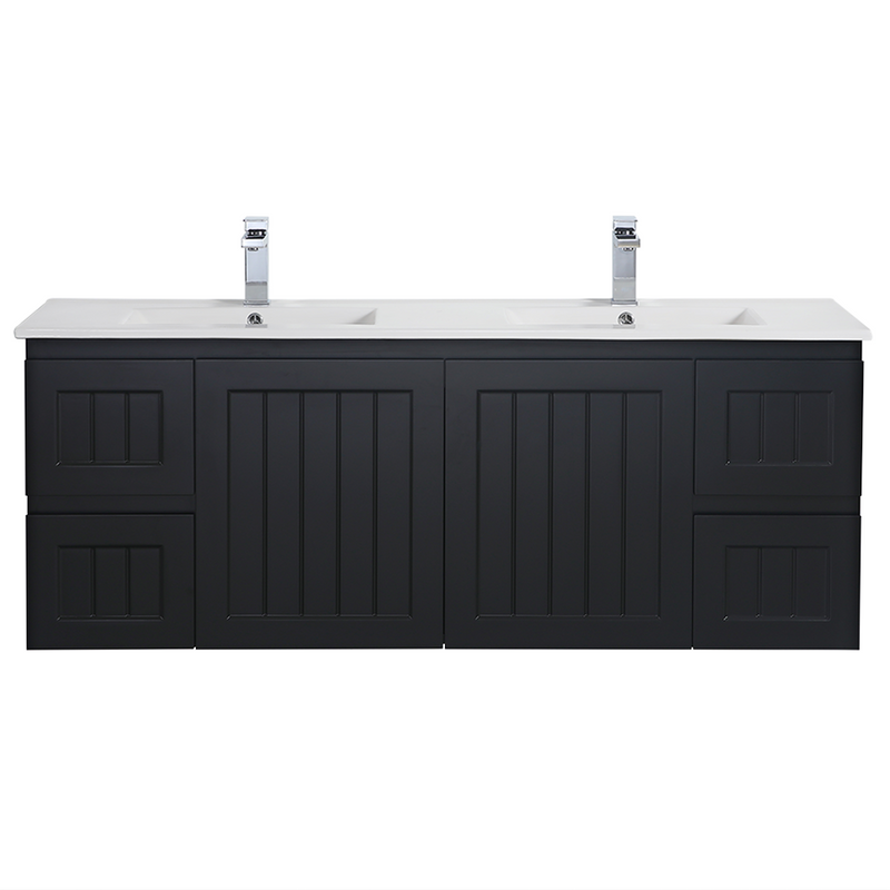 Ceto Acacia 1500mm Both Side Drawer Double Bowl Wall Hung Vanity Matte Black (Ceramic Top) - Sydney Home Centre