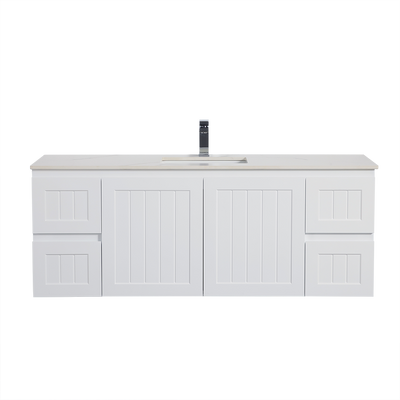 Ceto Acacia 1500mm Both Side Drawer Single Bowl Wall Hung Vanity Matte White (Marble Stone Top) - Sydney Home Centre