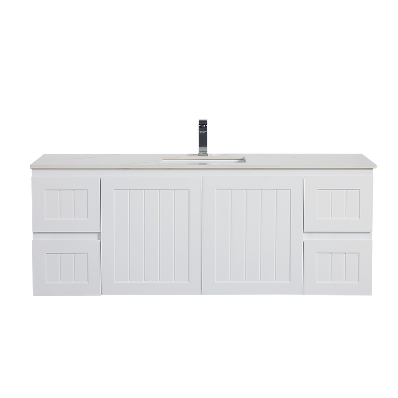 Ceto Acacia 1500mm Both Side Drawer Single Bowl Wall Hung Vanity Matte White (Marble Stone Top) - Sydney Home Centre