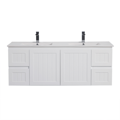 Ceto Acacia 1500mm Both Side Drawer Double Bowl Wall Hung Vanity Matte White (Marble Stone Top) - Sydney Home Centre