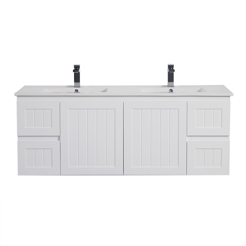 Ceto Acacia 1500mm Both Side Drawer Double Bowl Wall Hung Vanity Matte White (Ceramic Top) - Sydney Home Centre