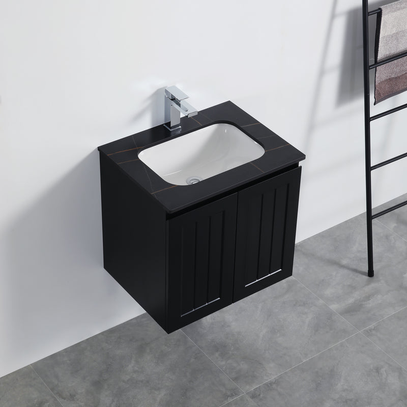 Ceto Acacia 600mm Wall Hung Vanity Matte Black (Quartz Stone Top) - Sydney Home Centre