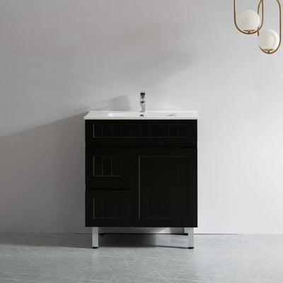 Ceto Acacia 750mm Left Hand Drawer Freestanding Vanity Matte Black (Marble Stone Top) - Sydney Home Centre