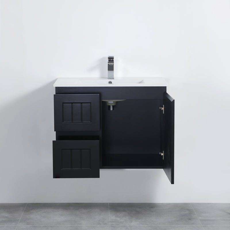 Ceto Acacia 750mm Left Hand Drawer Wall Hung Vanity Matte Black (Marble Stone Top) - Sydney Home Centre