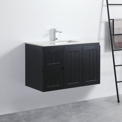 Ceto Acacia 900mm Left Hand Drawer Wall Hung Vanity Matte Black (Ceramic Top) - Sydney Home Centre