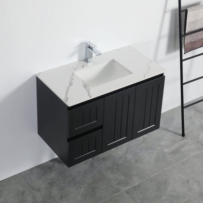 Ceto Acacia 900mm Left Hand Drawer Wall Hung Vanity Matte Black (Ceramic Top) - Sydney Home Centre