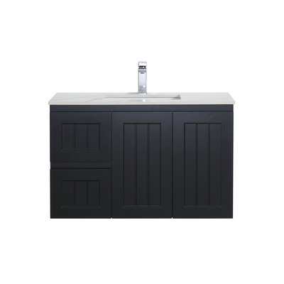 Ceto Acacia 900mm Left Hand Drawer Wall Hung Vanity Matte Black (Ceramic Top) - Sydney Home Centre