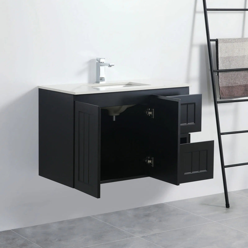 Ceto Acacia 900mm Right Hand Drawer Wall Hung Vanity Matte Black (Ceramic Top) - Sydney Home Centre